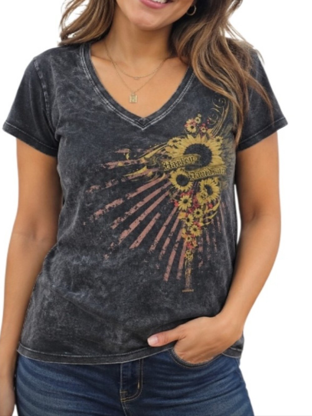 Harley-Davidson  Black Mineral-Wash V-Neck Tee with Sunflower Graphic